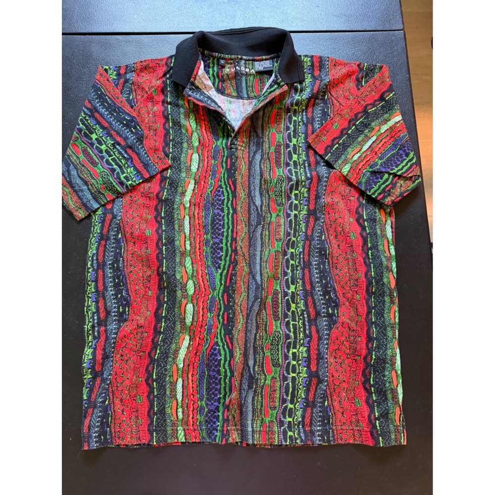 VTG Tundra Men L 3D Knit Polo Shirt Multi Color Mercerized Cotton Coogi Style